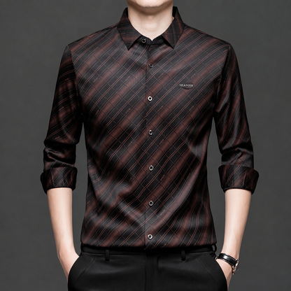 Model wearing GKSEN men's black and rust copper diagonal check Imported Stretch full sleeve shirt with black trousers
