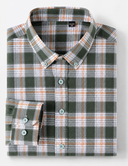 Folded GKSEN olive green check shirt showing button-down collar and checked pattern