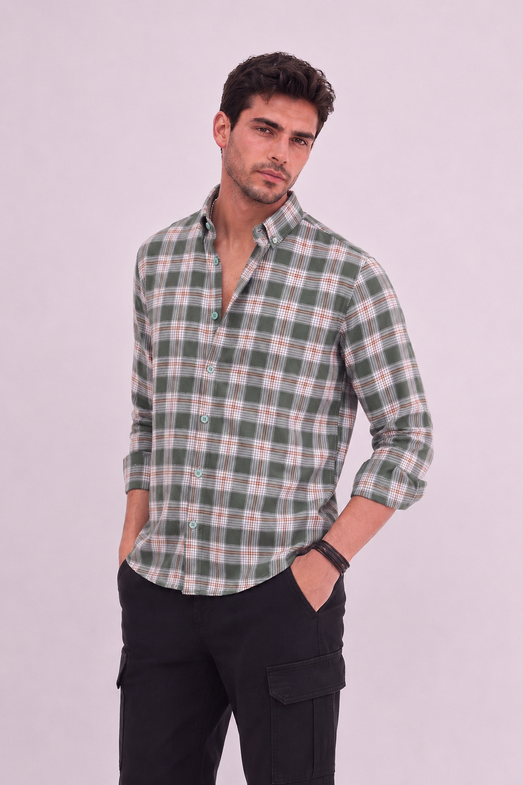 GKSEN men’s olive green classic check shirt with rolled sleeves and button-down collar
