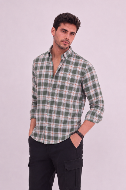 GKSEN men’s olive green classic check shirt with rolled sleeves and button-down collar