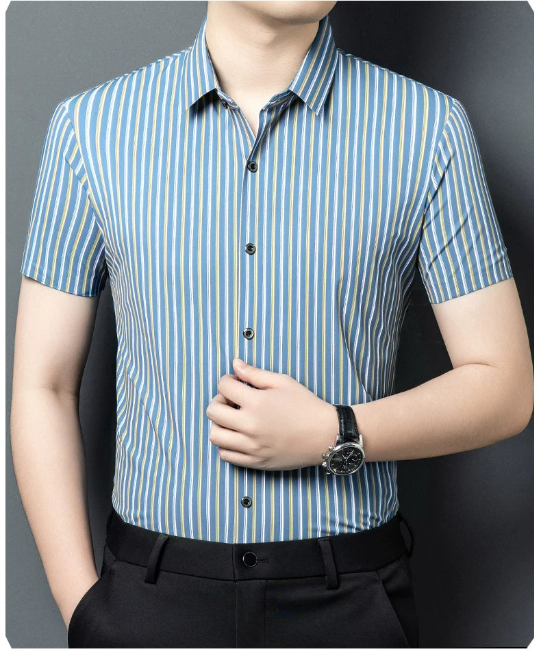 GKSEN men’s skyline blue fine stripe short sleeve shirt shown in a smart casual outfit.