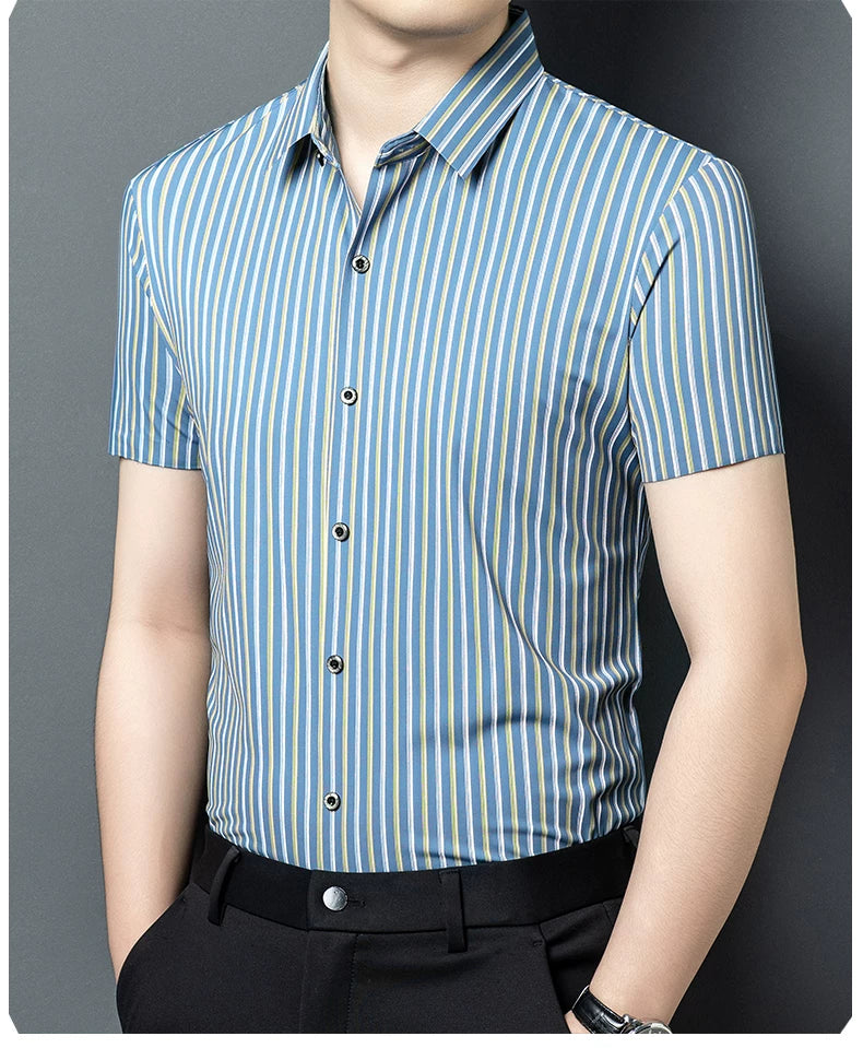 GKSEN skyline blue men’s short sleeve shirt with fine vertical stripes, front view.