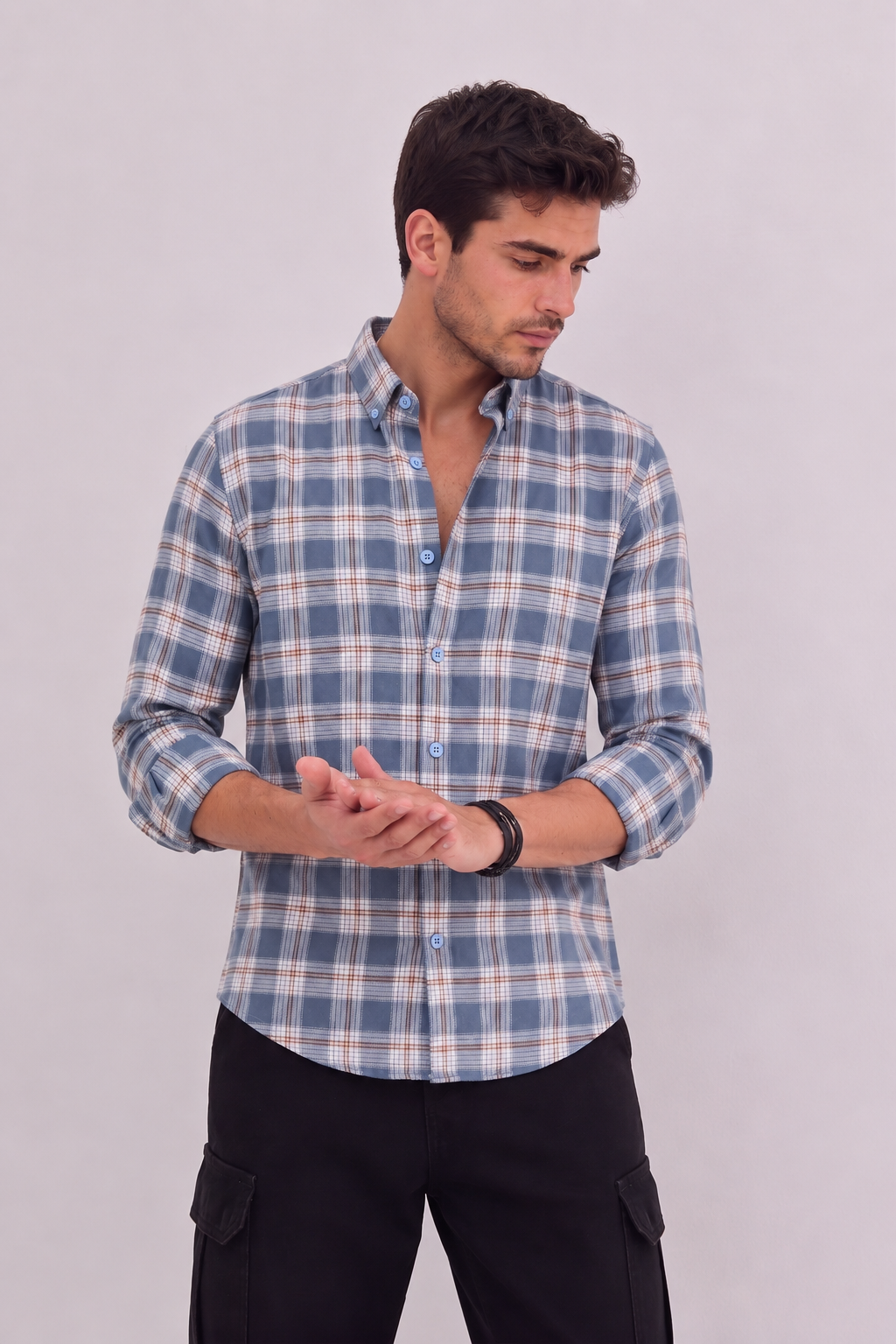 Men’s slate blue check shirt by GKSEN with button-down collar and full sleeves