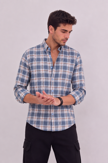 Men’s slate blue check shirt by GKSEN with button-down collar and full sleeves