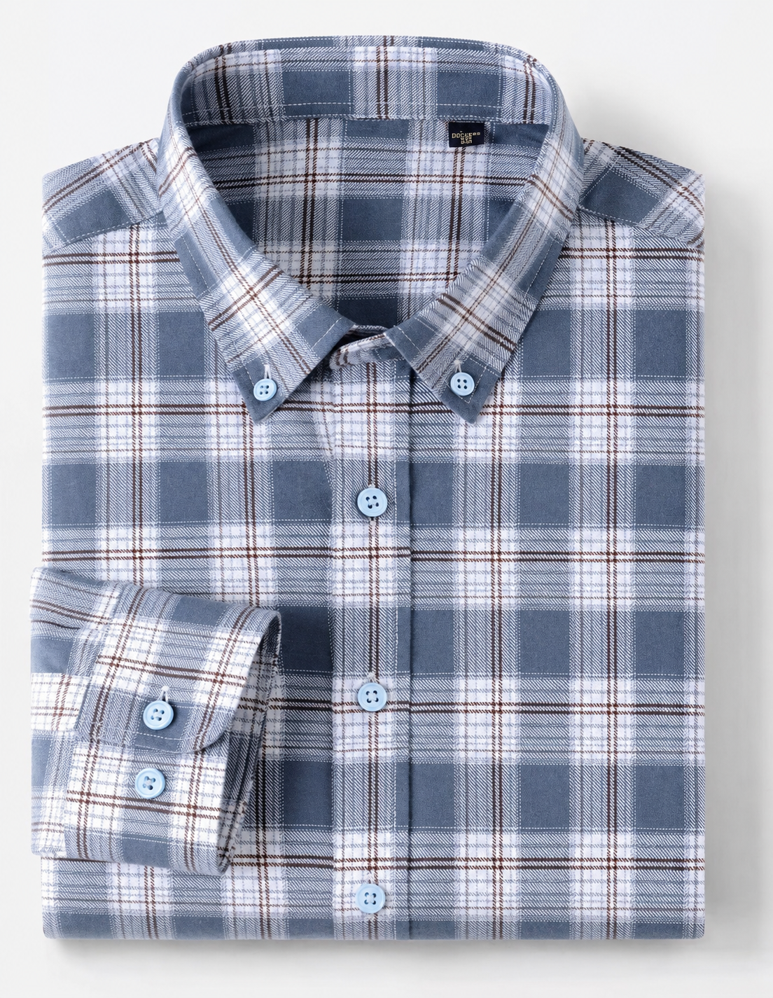 Folded GKSEN slate blue plaid check men’s shirt with button-down collar