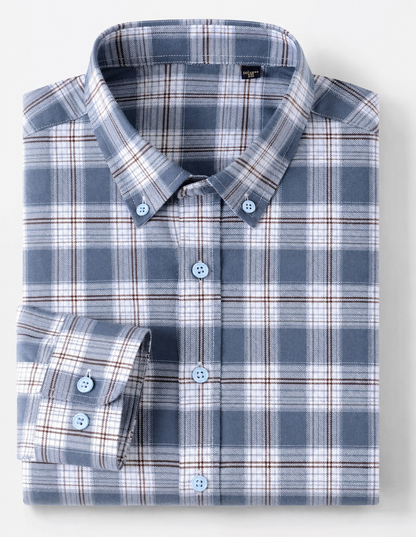 Folded GKSEN slate blue plaid check men’s shirt with button-down collar