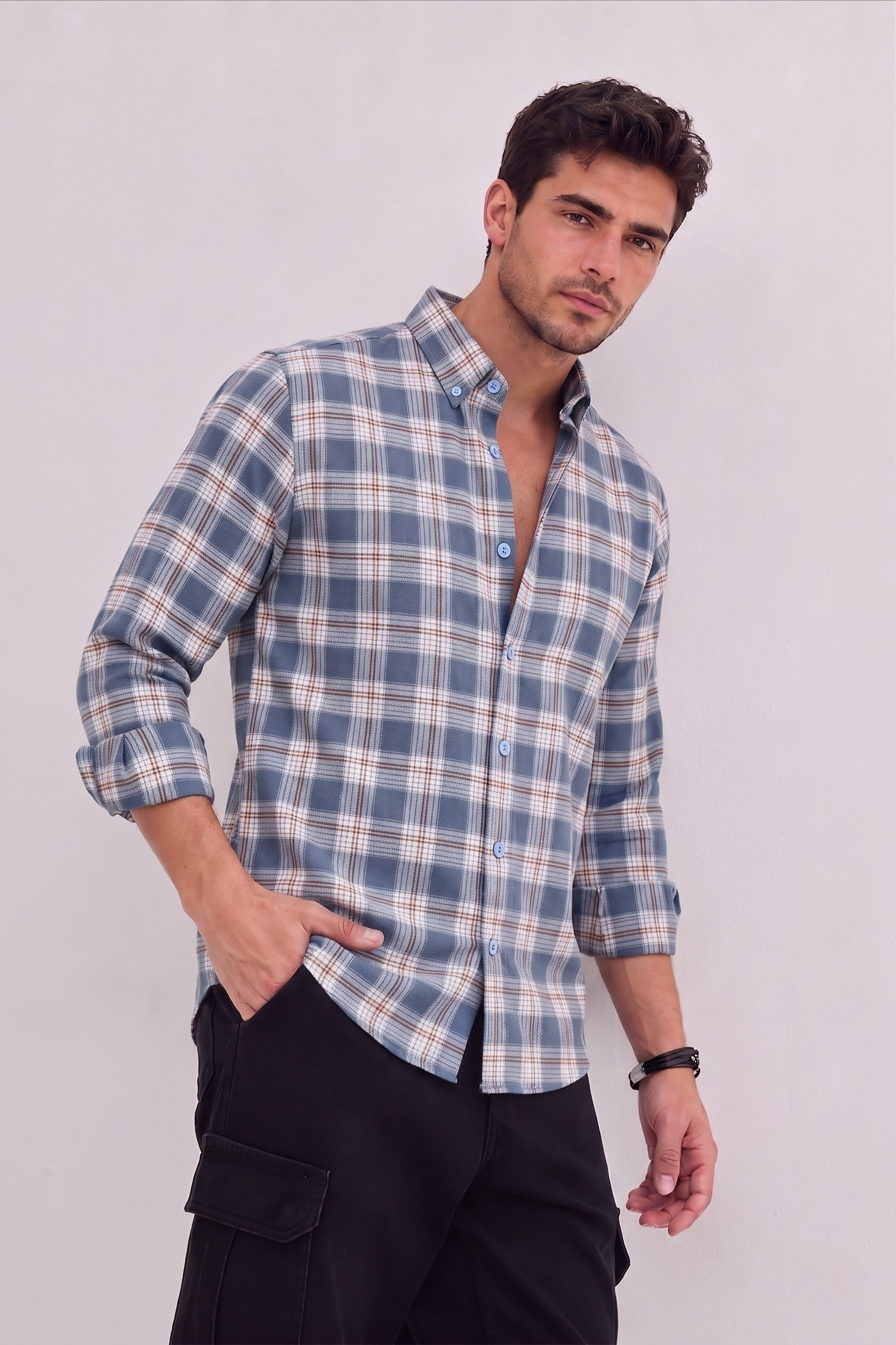 GKSEN slate blue plaid check shirt for men styled with black cargo pants