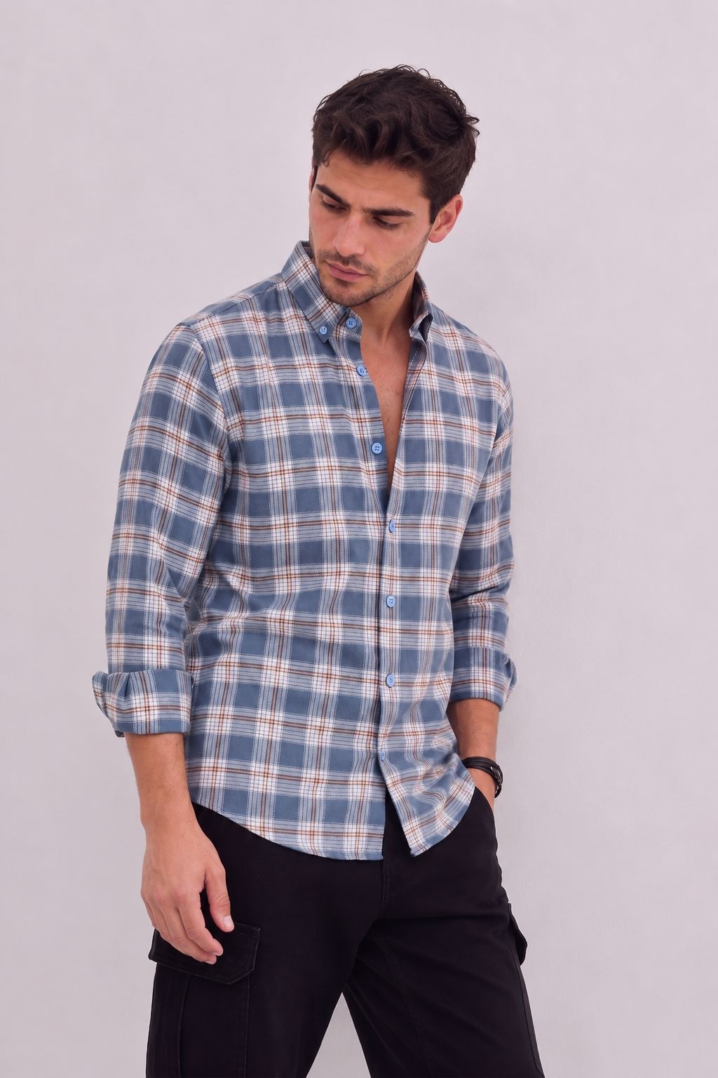GKSEN men’s slate blue plaid check shirt in a smart casual outfit