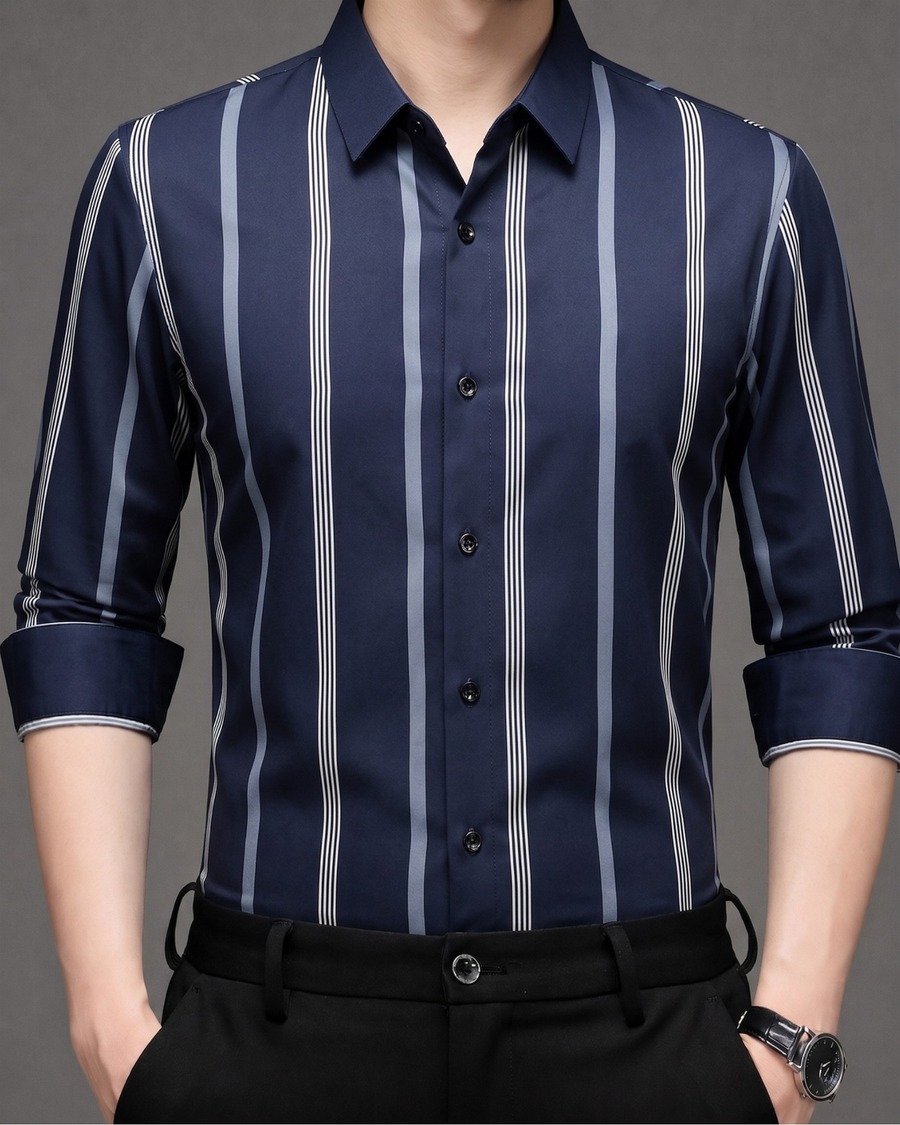 Midnight Navy Heritage Stripe Imported Stretch Shirt