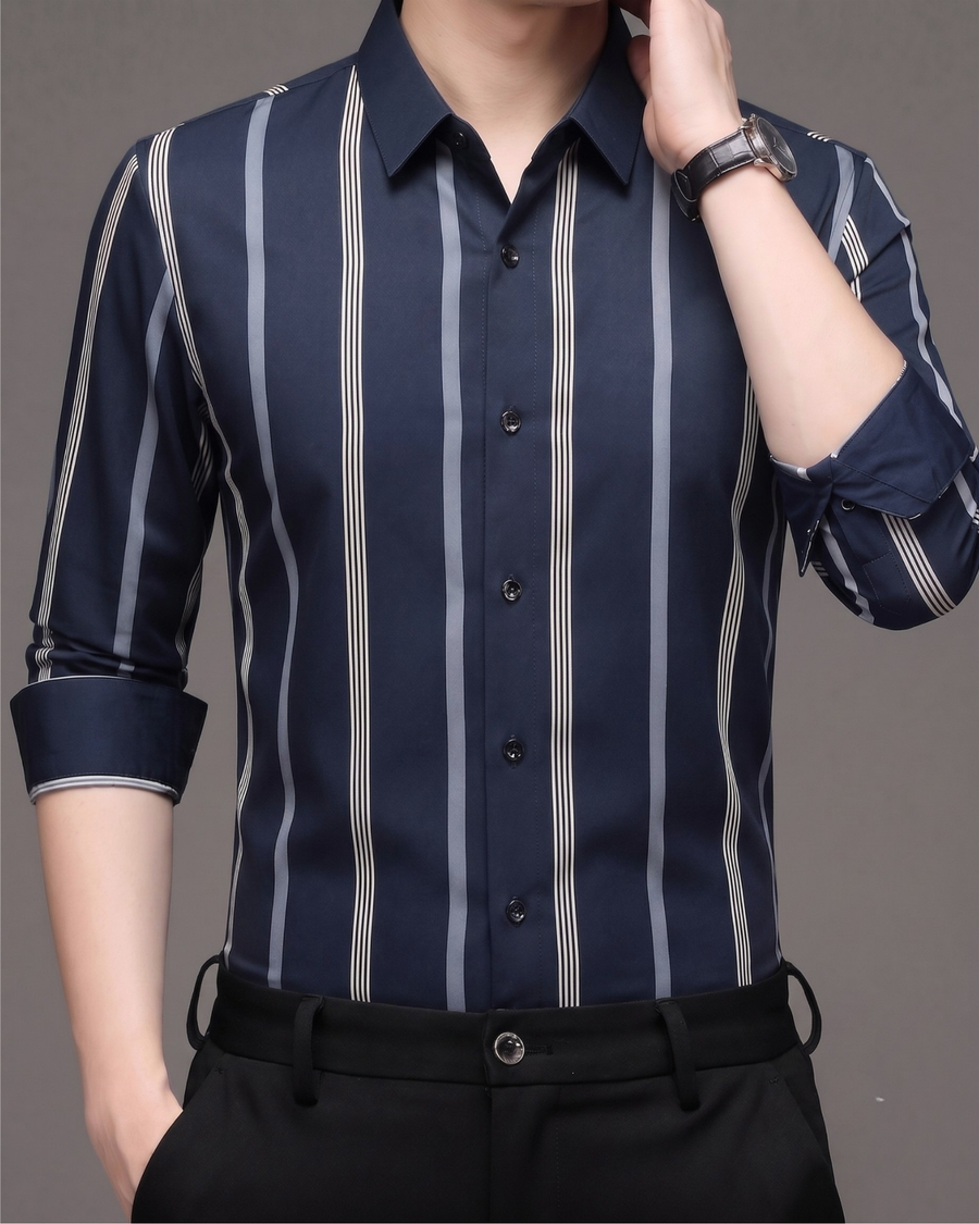 Midnight Navy Heritage Stripe Imported Stretch Shirt
