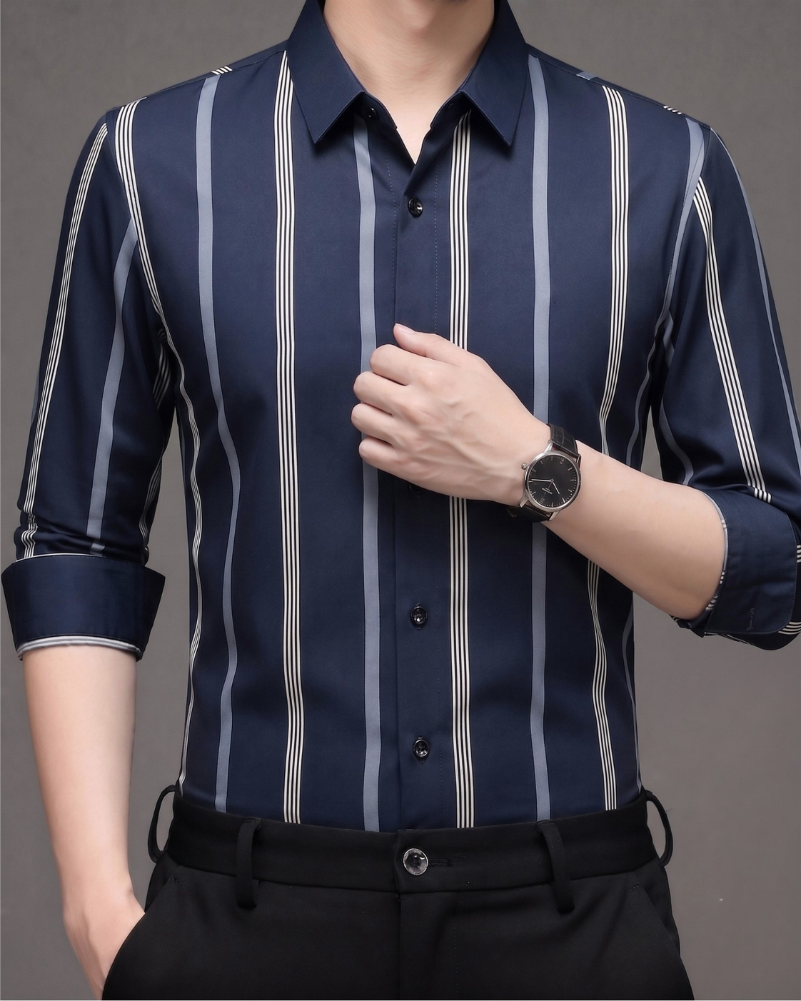 Midnight Navy Heritage Stripe Imported Stretch Shirt