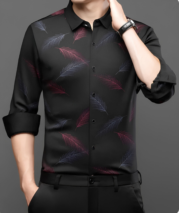 Black Burgundy Feather Print Imported Stretch Shirt