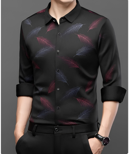 Black Burgundy Feather Print Imported Stretch Shirt