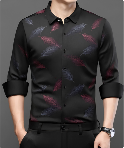 Black Burgundy Feather Print Imported Stretch Shirt