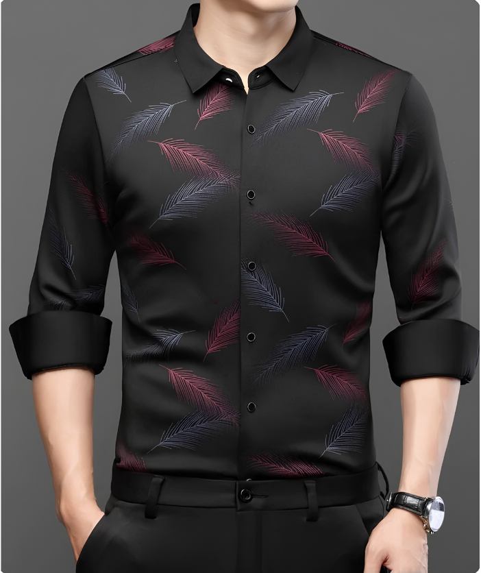 Black Burgundy Feather Print Imported Stretch Shirt